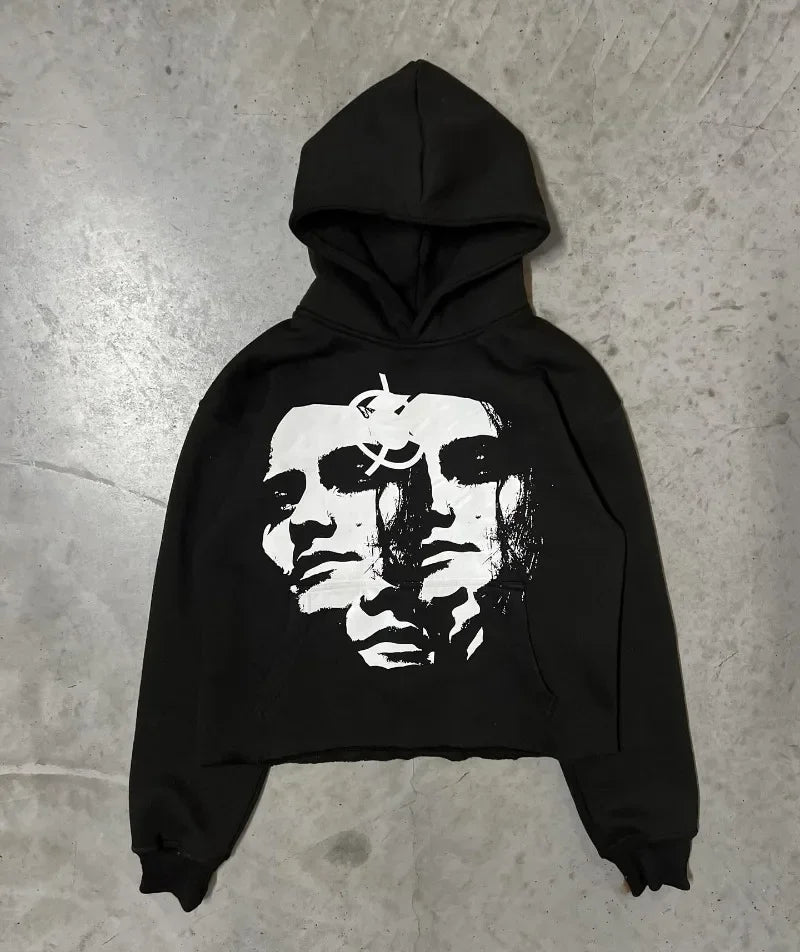 American Trendy Gothic Portrait Letter Print Oversized Hoodie Mens Y2K