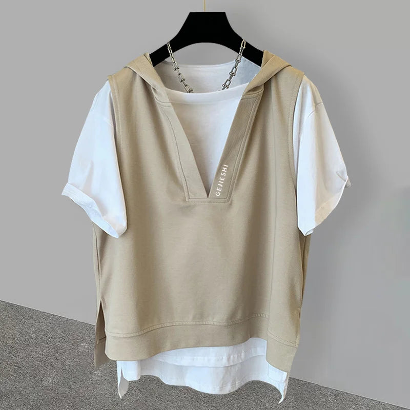 Harajuku Chrome print – Summer Fake Two Piece Hooded T Shirts For Men Letter Embroid