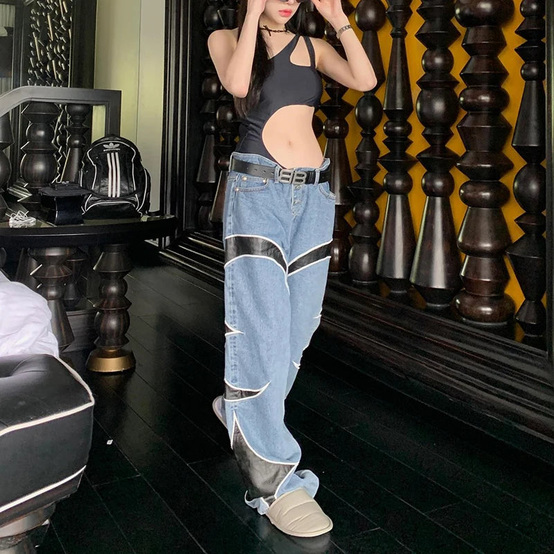 letter embroidery pu leaher patchwork baggy y2k jeans mens streetwear straight oversized denim trousers unisex cargo pants unique cargo style 34
