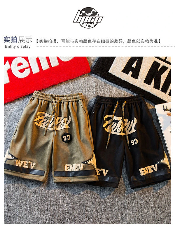 suede shorts men 2024 summer mens high street letter print loose five point pants straight simple fashion american basketball s techwear shorts
