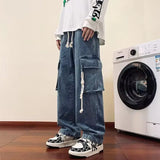 american retro and personalized straight leg jeans for men and women with hiphop big pocket design work pants loose casual pants urban skinny jeans