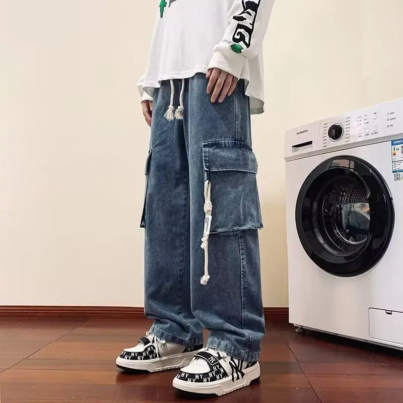 american retro and personalized straight leg jeans for men and women with hiphop big pocket design work pants loose casual pants urban skinny jeans