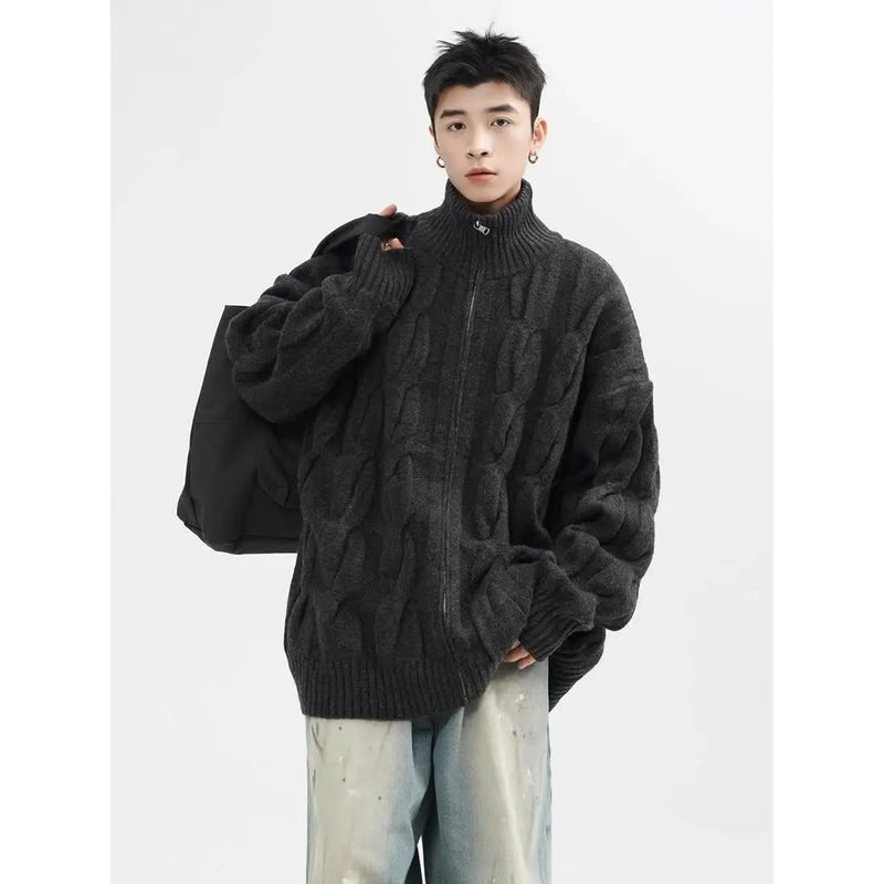 Autumn and Winter American New Style Men and Women Trendy Personalized Stand up Collar Knitted Shirt Couple Loose Retro Simple