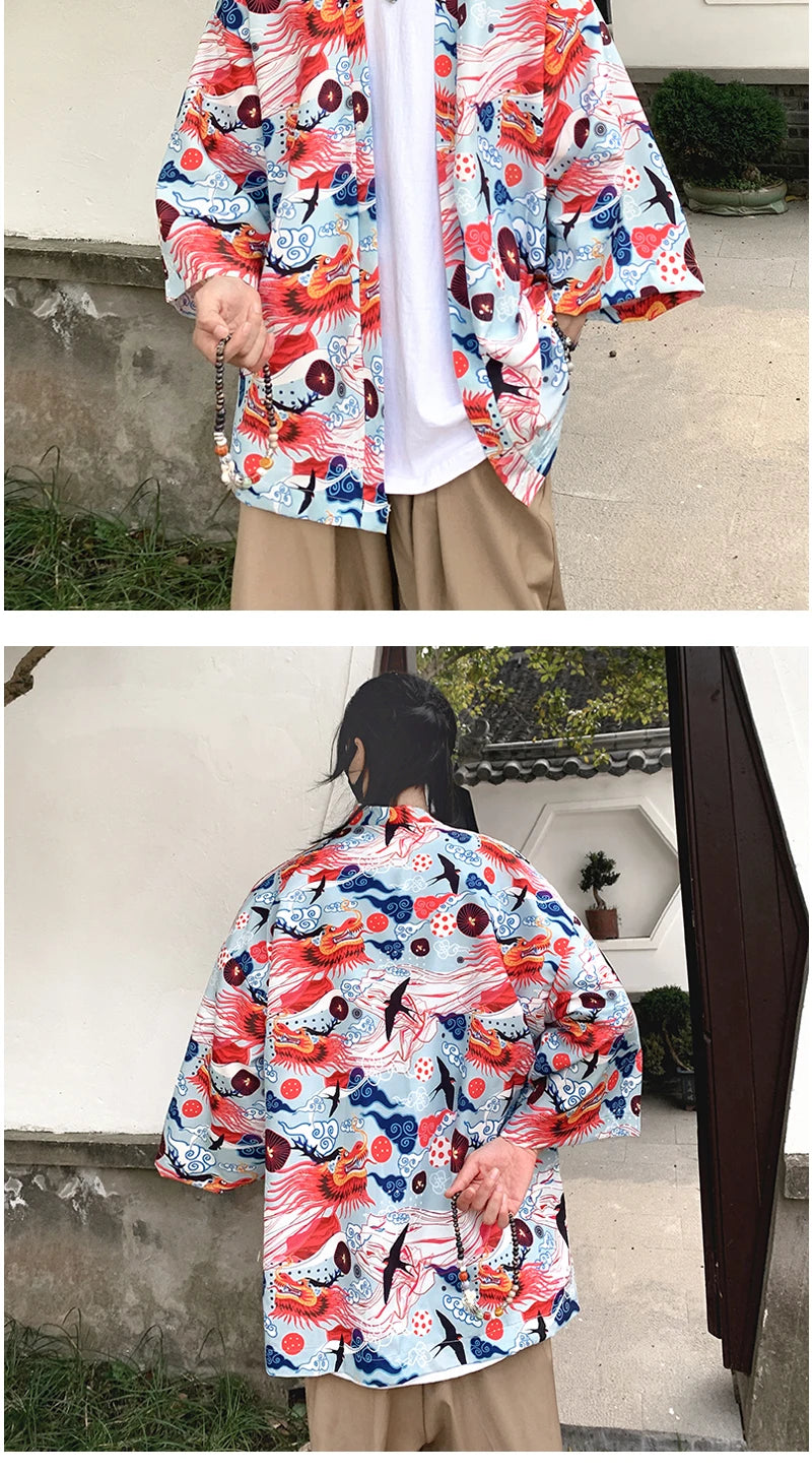 Japanese Style Men's Lightweight Kimono Jacket Dragon Print Kimono Cardigan New Arrival Street Shirt Harajuku Kimono Couple Tops