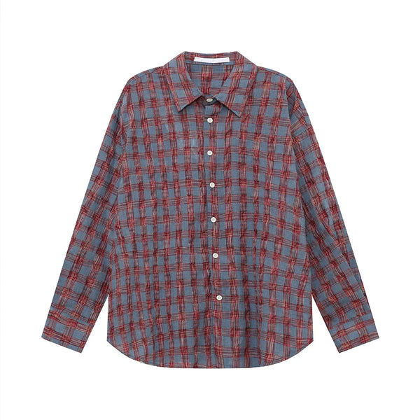 Mens Vintage Turn Down Collar Buttoned Shirt 2024 Autumn Wrinkle Texture