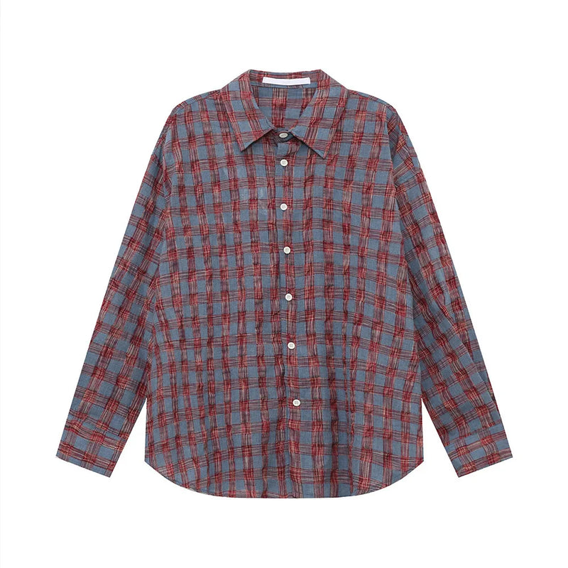 Mens Vintage Turn Down Collar Buttoned Shirt 2024 Autumn Wrinkle Texture