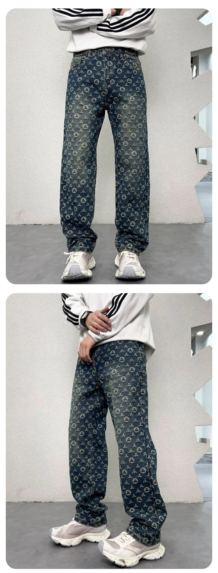 men jacquard streetwear hip hop vibe casual straight denim jeans pants boyfriend high street ripped jeans trousers unique jeans style 3113