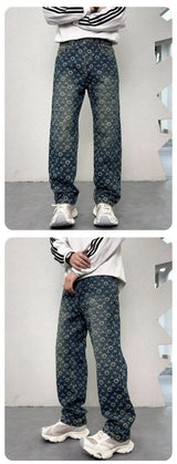 men jacquard streetwear hip hop vibe casual straight denim jeans pants boyfriend high street ripped jeans trousers unique jeans style 3113