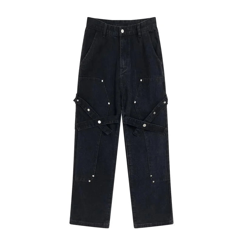 fashion knee adjust belt decoration denim jeans zipper straight jeans hip hop streetwear mens casual loose joggers jeans pants unique joggers style 2560