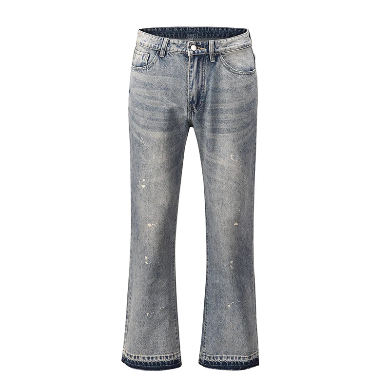 high street retro spotted ink contrast color flared jeans pants male wide leg plus size patchwork ripped denim trousers unique jeans style 104