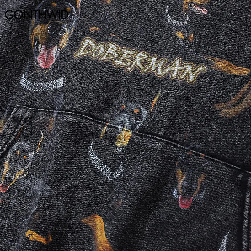 Vintage Men Hoodie Sweatshirt Y2K Doberman Dog Animal Print Punk Goth