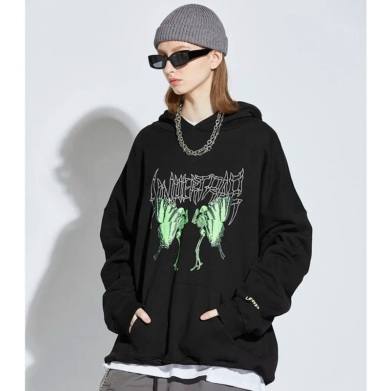 2023 Men Hip Hop Hoodie Sweatshirt Dancing Skull Butterfly Print Harajuku Hoodie Streetwear Winter Fleece Hooded Pullover Cotton