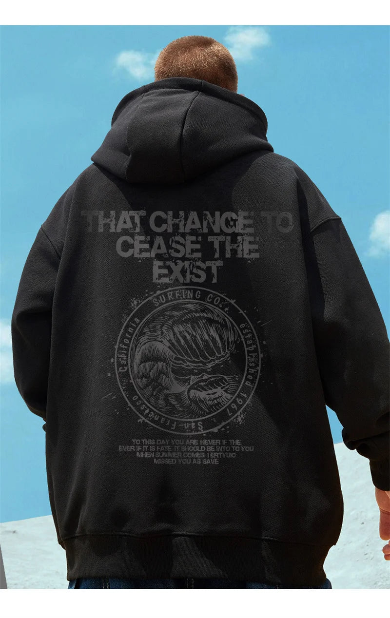 Wave Graphics Letter Print Loose Casual Fleece Hoodies For Men Autumn