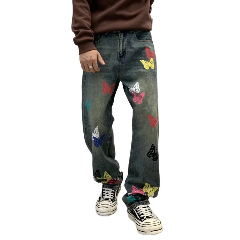 butterfly print jeans men streetwear fashion vibe loose casual hiphop straight washed denim pant jeans cityboy teen trousers ripped baggy denim
