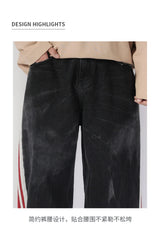 men streetwear fashion side splice hip hop loose casual wide leg straight baggy jeans pant cityboy jeans pants trousers unique jeans style 2619
