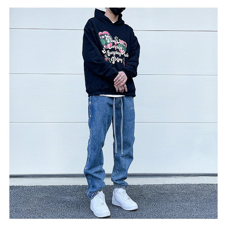 washed distressed denim sweatpant cashew flower patchwork oversized splice buckle jogging jeans casual button baggy men clothing unique joggers style 4359