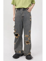 rainbowtouches 2022 men washed jeans vintage high street hole design fashion jeans popular loose straight hip hop long pants unique jeans style 4958
