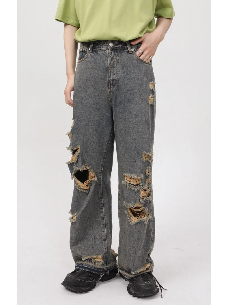 rainbowtouches 2022 men washed jeans vintage high street hole design fashion jeans popular loose straight hip hop long pants unique jeans style 4958