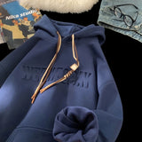 Embossed Letters Casual Hooded Sweatshirt Basic Colours Drawstring Cla