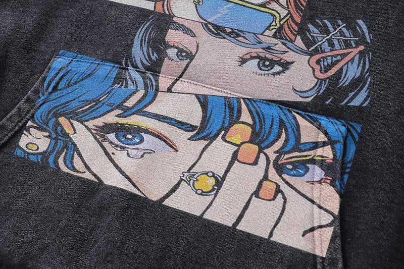 Vintage Hoodie Streetwear Y2K Hip Hop Japanese Anime Girl Print Oversi