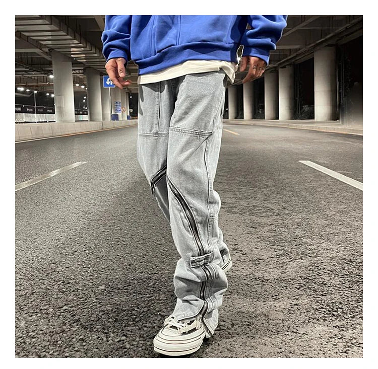 fashion denim straight pants hip hop jeans with zipper streetwear trousers new summer casual joggers men designer jeans for men unique joggers style 1153