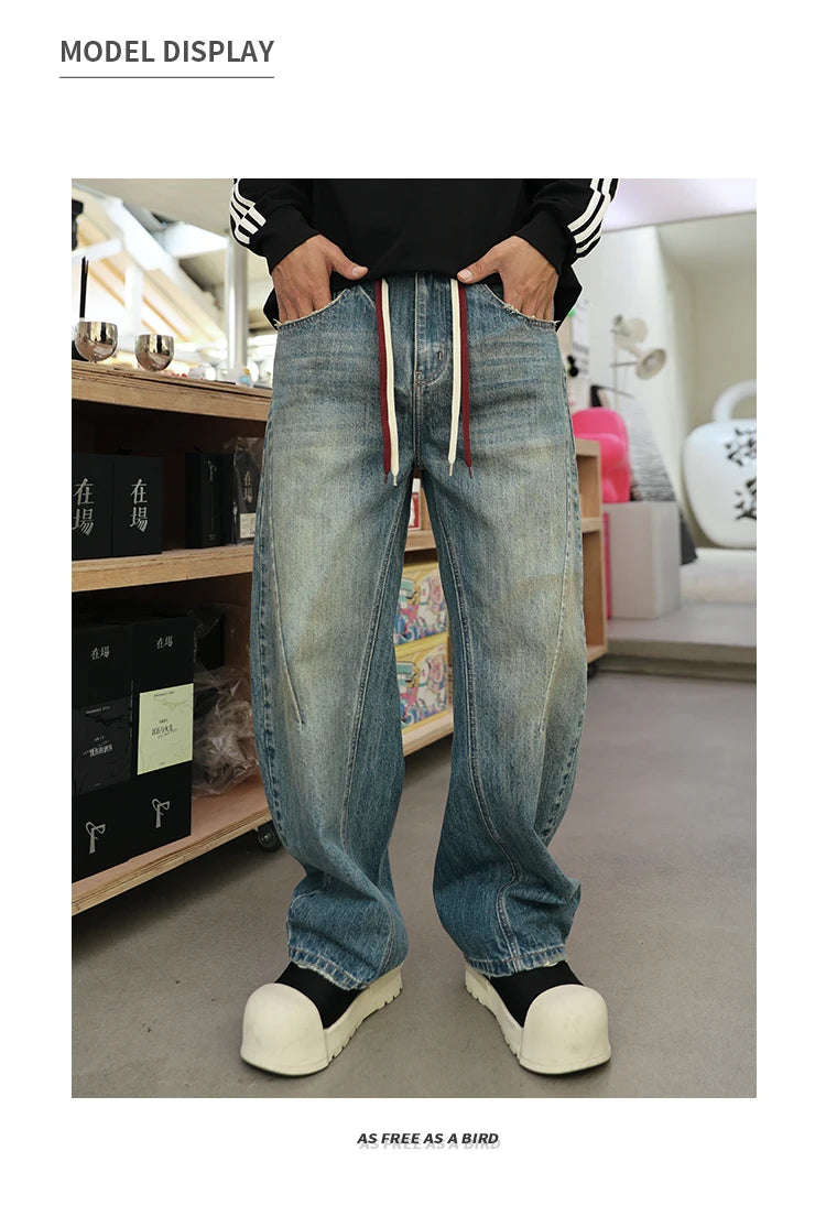 mens american streetwear fashion loose casual hip hop vintage denim baggy jeans pants man wide leg trousers y2k jeans men unique jeans style 2308