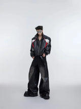 y2k retro washed splicing jeans for men new hip hop punk pu leather baggy jeans straight casual black denim trousers streetwear unique jeans style 674