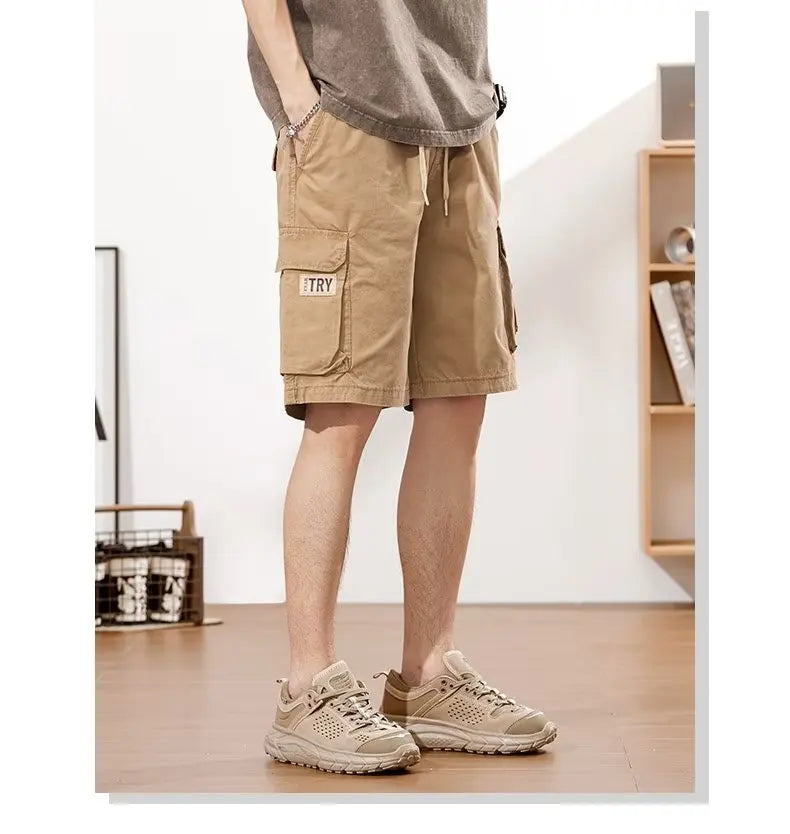 Men's Straight Tooling Shorts for Men Korean Fashion Belt Decoration Khaki Casual