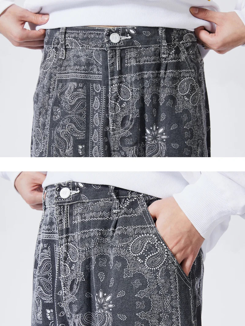 mens hip hop straight denim jeans pants fashion zipper paisley jeans streetwear casual loose trousers pants joggers baggy jeans unique joggers style 2797