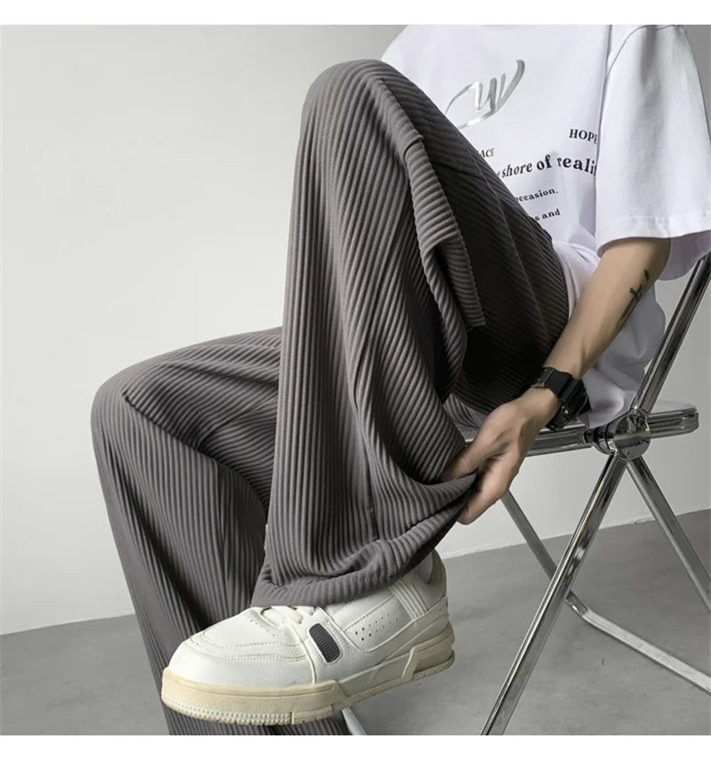 summer texture straight pants for men korean fashion baggy wide leg trousers casual drape pleated striped y2k pantalones hombre unique default style 488