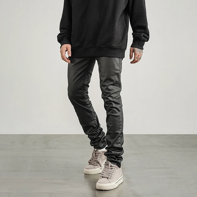 men pants high street wax coating pant casual streetwear hip hop zipper trousers harajuku fashion slim fit skinny pants joggers streetwear sweatpants