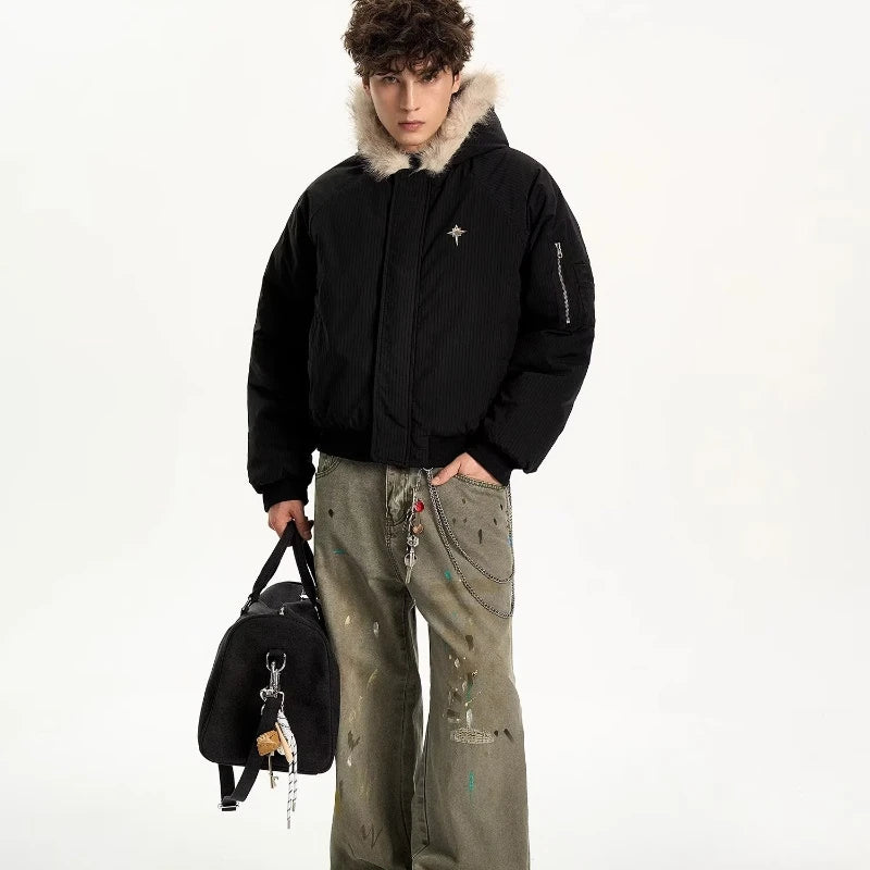 Winter American Street Hooded Parkas Mens New 2024 Thickened Trendy Fur Collar Cotton Jackets Warm Zipper Pocket Fluffy Coats