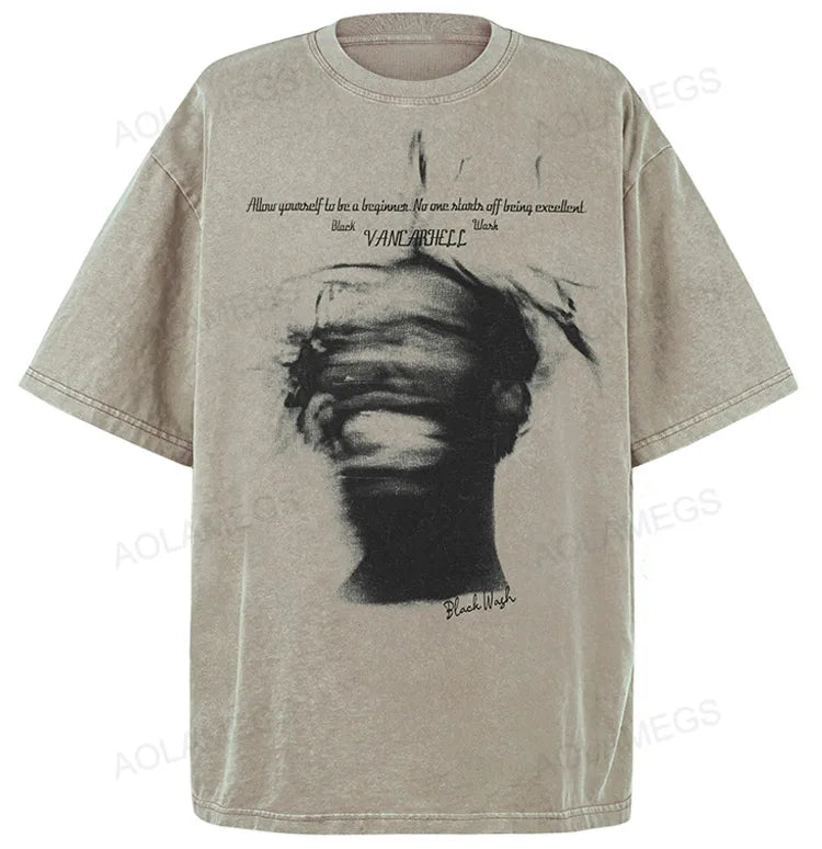 Sadcore Graphic tee – Men Retro High Street T Shirt Abstract Character Printed Sho