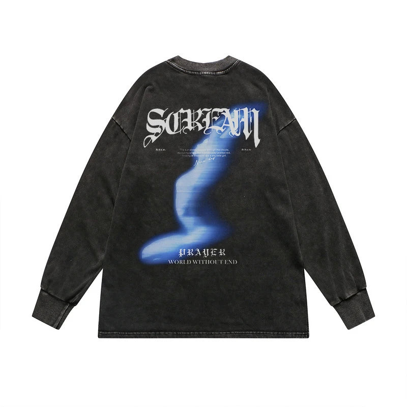 Gothic Oversized Tee – Rainbowtouches Washed Long Sleeve T Shirts Vintage Pattern L – Edgy Streetwear for All Genders