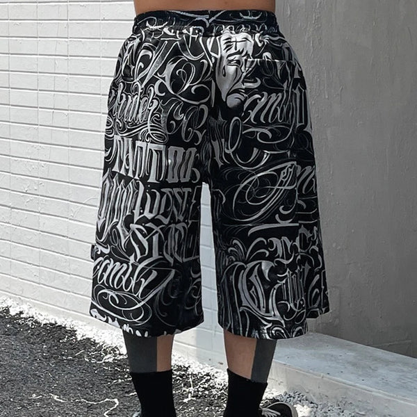 streetwear west coast full print floral over knee shorts for men summer patchwork wide leg baggy five points pants oversized summer street shorts