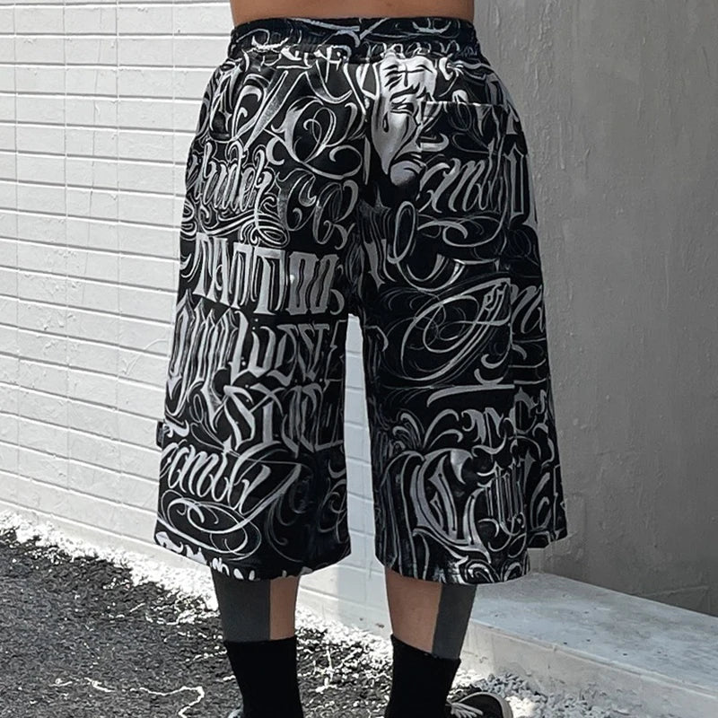 streetwear west coast full print floral over knee shorts for men summer patchwork wide leg baggy five points pants oversized summer street shorts