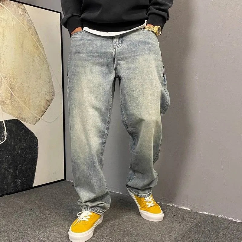 American casual ruffian handsome washed retro zipper jeans men straight loose trendy