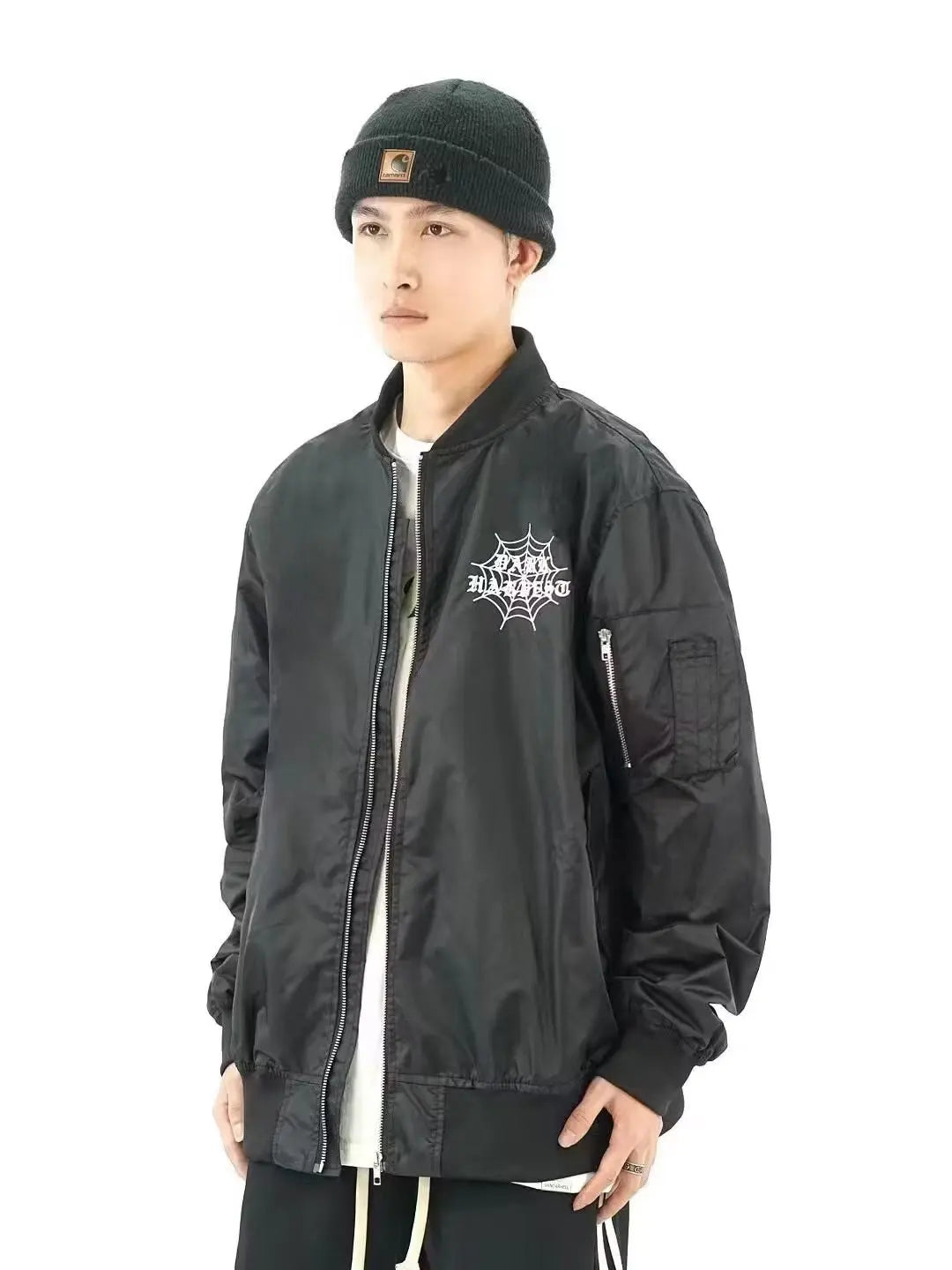 retro baseball bomber, cold season style, for men, fall streetwear outfit, oversized style, layered fashion, modern aesthetic