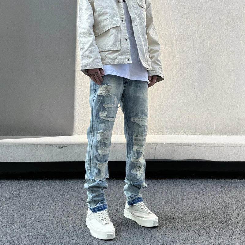 mens high street denim jean pants new casual blue slim ripped holes straight zipper jeans trousers hip hop streetwear joggers unique joggers style 759