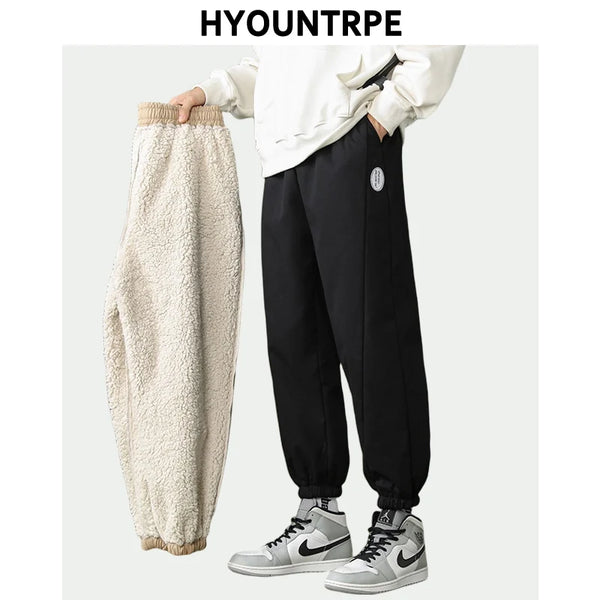 mens high street loose fit elastic waist pants winter warm fleece pants hip hop solid drawstring sportwear sweatpants joggers sporty tapered joggers