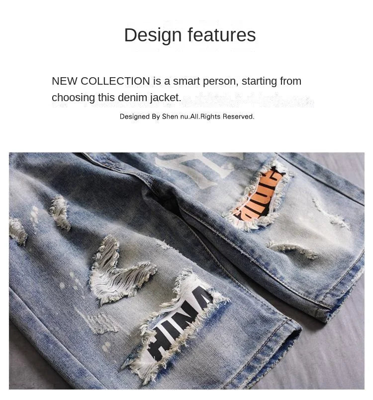 Men's Denim Shorts With Holes Washed Korean Style Straight Quarter  Patch Casual Jeans