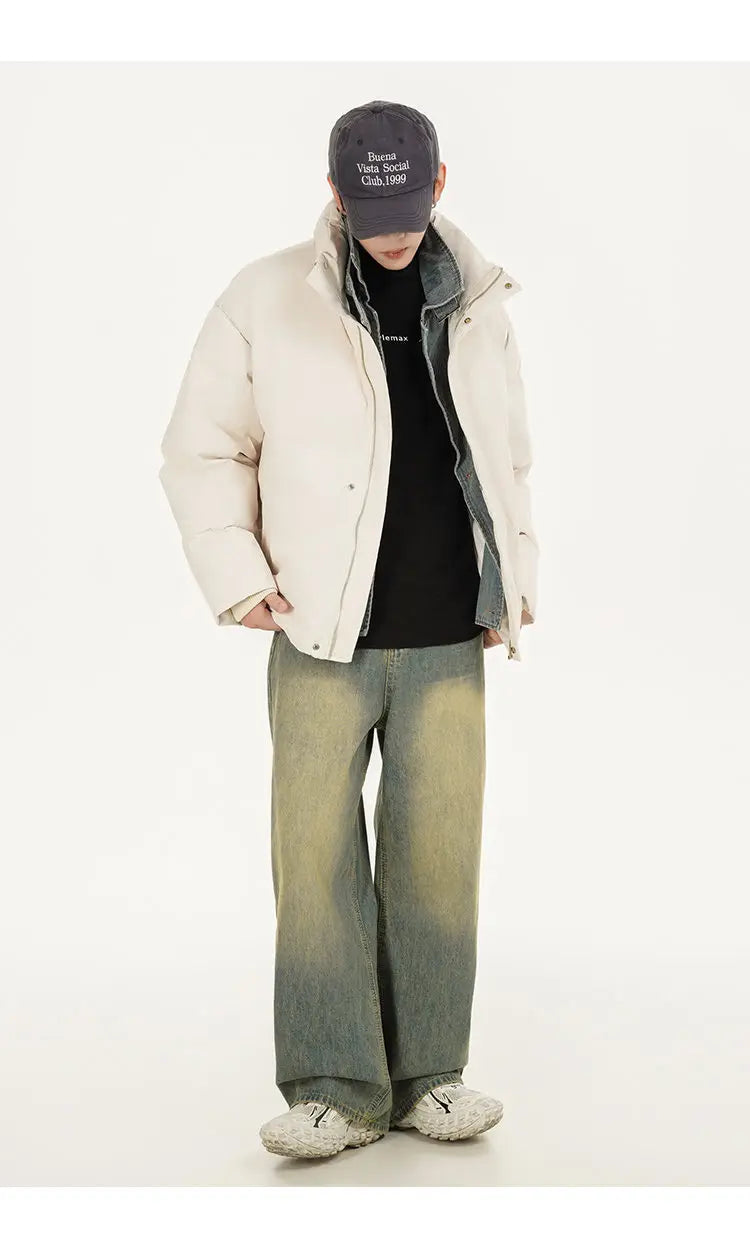 Winter Splice Denim Cotton-padded Jacket Men Women Stand Collar Fashion Loose Casual Thicken Warm Parkas Jacket Boyfriend Coat