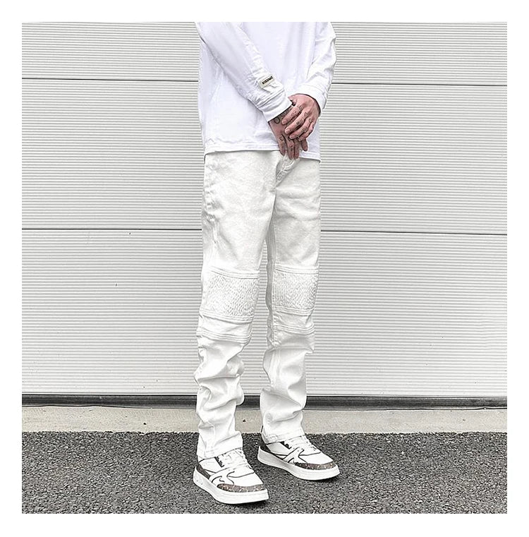 high street white knee pleated vertical stripe elastic fit skinny jeans male casual small leg jeans pants slim mens clothing unique jeans style 3664