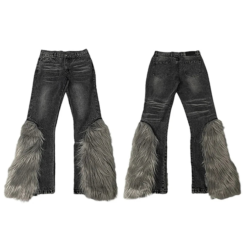 harajuku denim straight jeans men trousers high street zipper detachable fur bottom streetwear casual loose joggers jean pants unique joggers style 3969
