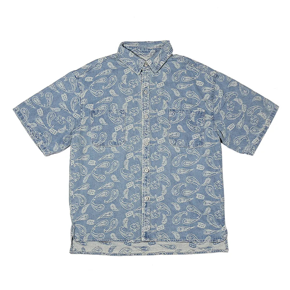 New 2022 Men luxurious Paisley West Coast CRIPS Bloods Fashion Denim Casual Shirts Shirt high Pocket Short-sleeves S 2XL #A630