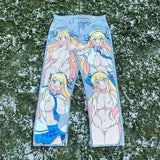 harajuku sunny sexy girl anime print baggy jeans new style wide leg trouser y2k popular streetwear men women high waist pants denim street jeans