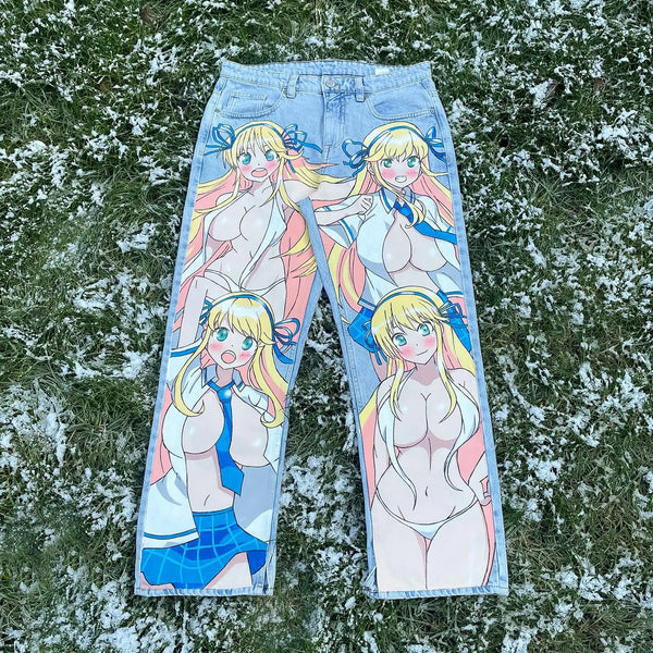 harajuku sunny sexy girl anime print baggy jeans new style wide leg trouser y2k popular streetwear men women high waist pants denim street jeans