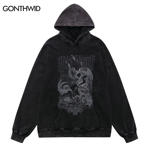Men Hip Hop Hoodie Streetwear Vintage Skeleton Skull Devil Print Distr
