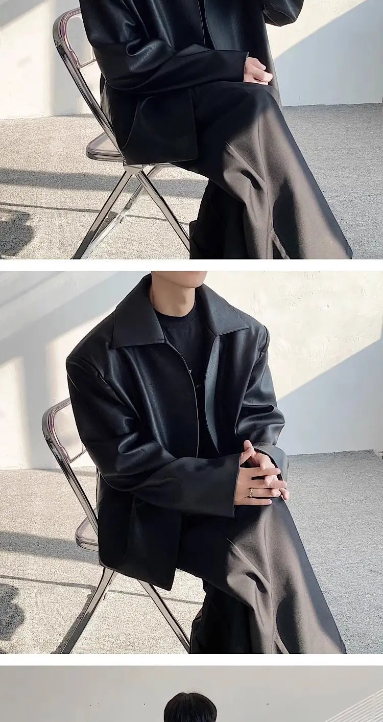 Black Cleanfit Shoulder Padded Leather Casual Jacket Men High End Hand