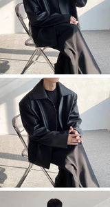 Black Cleanfit Shoulder Padded Leather Casual Jacket Men High End Hand